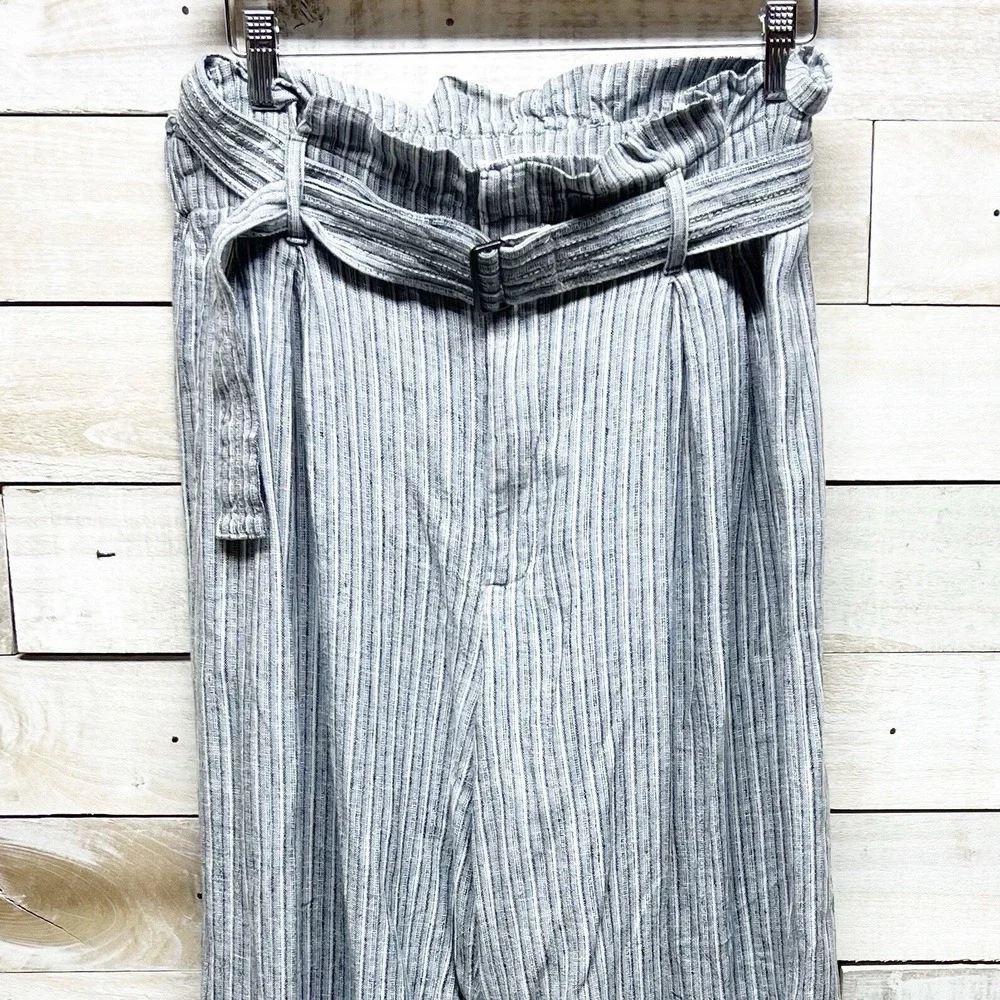 Banana Republic Pants Womens 10 Blue Linen Blend‎ Stripe Wide Leg Paperbag Baggy